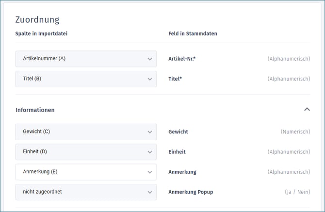 Gezeigt wird die Zuordnung der Spalten der hochzuladenden Liste zu den orgaMAX Feldern