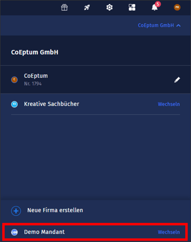 Gezeigt wird, wie in der Mandantenverwaltung der Demo-Mandant geöffnet werden kann.