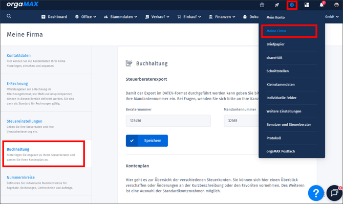 Gezeigt wird der Weg zu den Grundeinstellungen für die Buchhaltung in orgaMAX