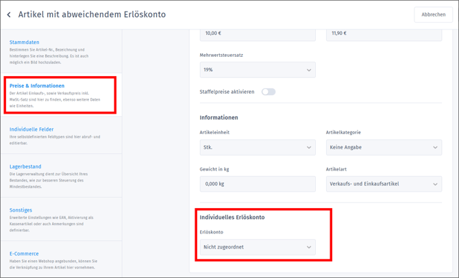 Gezeigt wird der Bearbeitungsbereich zum Festlegen abweichender Erlöskonten in einem Artikel in orgaMAX