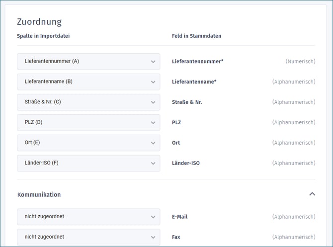 Gezeigt werden mögliche Zuordnungen der Spalten der Importliste zu den Feldern in orgaMAX