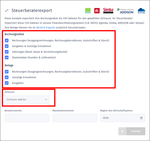 Gezeigt wird, welche Daten für den Steuerberaterexport ausgewählt werden können