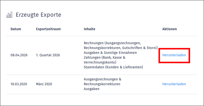 Gezeigt wird, wo die erzeugten Exporte für den Steuerberater heruntergeladen werden können