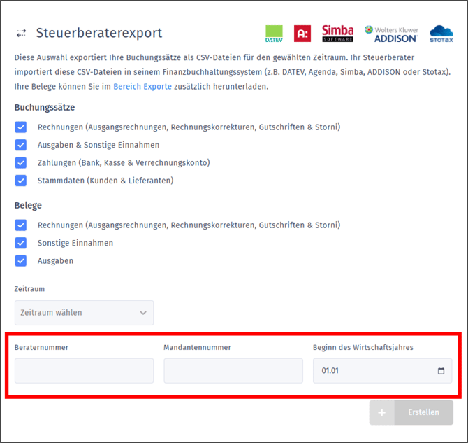 Gezeigt wird, welche Grunddaten beim ersten Steuerberaterexport hinterlegt werden müssen
