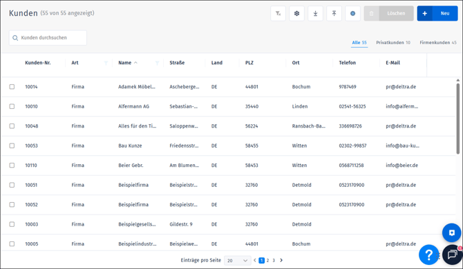 Gezeigt wird die Lister der Kundenstammdaten in der Übersicht