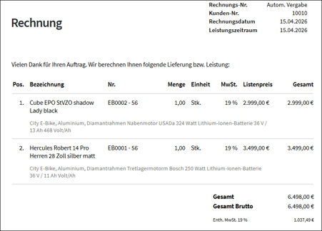 Gezeigt wird ein Beispiel einer Rechnung mit eingestellter Preisart brutto