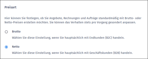 Gezeigt werden die Einstellungsmöglichkeiten zur Preisart in orgaMAX