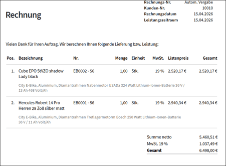 Gezeigt wird ein Beispiel einer Rechnung mit der Preisart netto