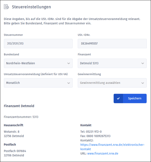 Steuereinstellungen - StNr und Finanzamt