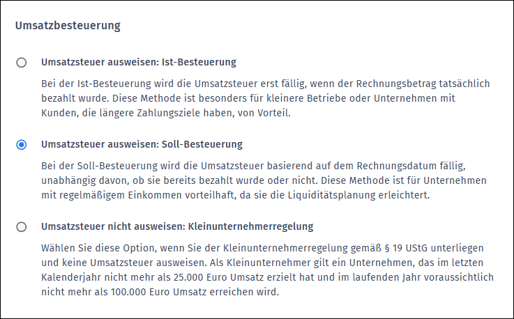 Gezeigt wird, welche Besteuerungsarten zur Verfügung stehen.