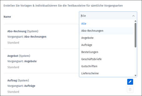 Gezeigt wird, wie die Liste der Textbausteine gefiltert werden kann