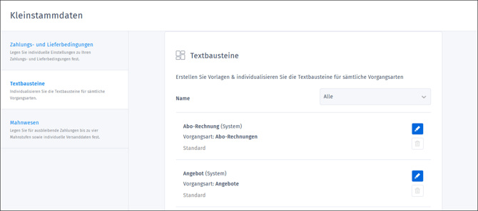 Gezeigt wird die Übersicht über alle Textbausteine.