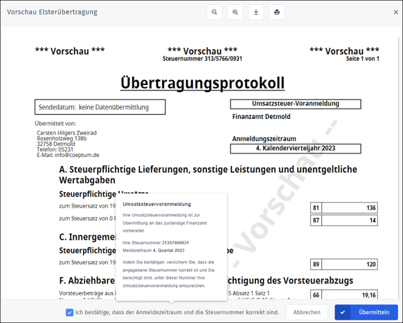 Gezeigt wird das Übertragungsprotokoll in einer Vorschau