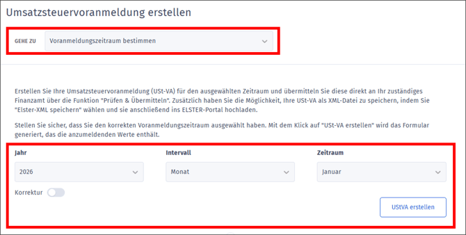 USt-VA - Zeitraum und Korrektur angeben