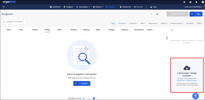 Gezeigt wird, wo Ausgaben in orgaMAX erfasst werden können