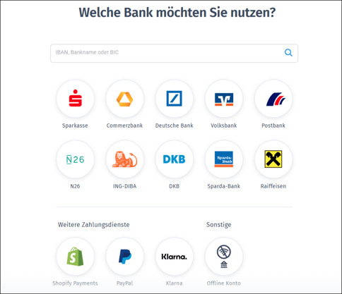Gezeigt wird die Auswahlmöglichkeit zum Anlegen eines neuen Online- oder Offline-Bankkontos