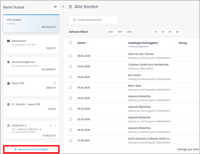 Gezeigt wird, wie im Bereich Bank / Kasse ein neues Bankkonto eingerichtet werden kann