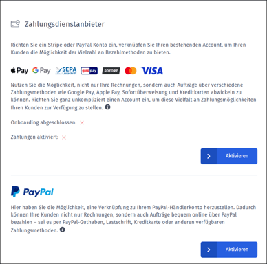 Gezeigt wird, wie in den shareHub-Einstellungen die Zahlungsanbieter aktiviert werden können