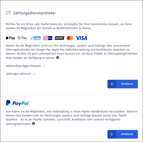 Gezeigt wird, wie in den shareHub-Einstellungen die Zahlungsanbieter aktiviert werden können