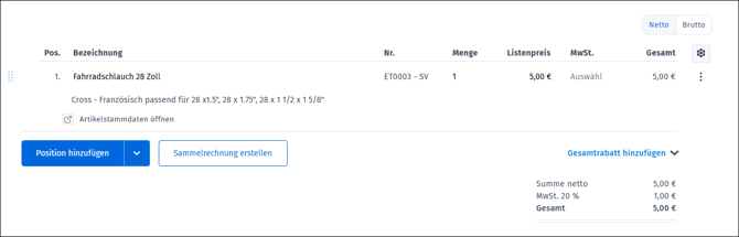 Gezeigt wird, an welcher Stelle der Rechnung Positionen hinzugefügt werden können.
