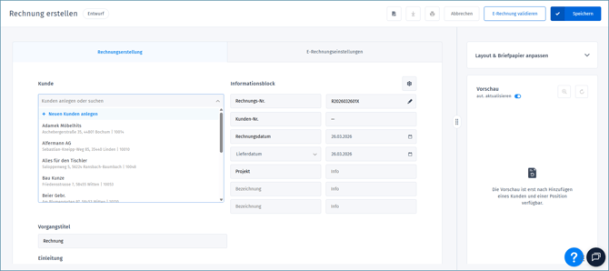 Gezeigt wird die leere Rechnungsmaske in orgaMAX