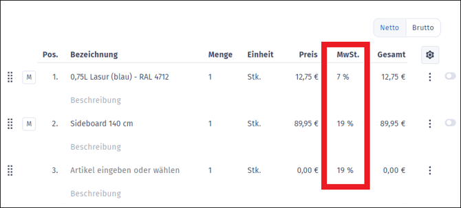 Gezeigt wird, wie die MwSt-Sätze in einem Vorgang auf 0% gesetzt werden können