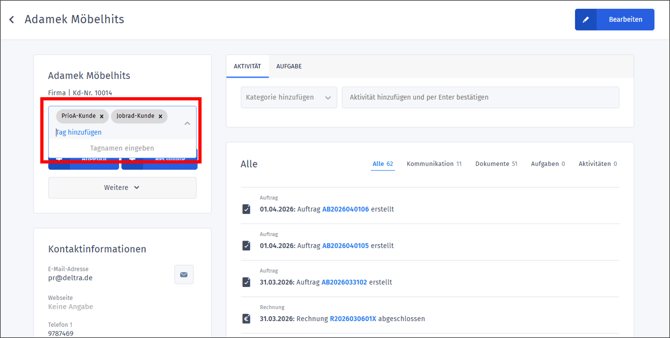 Gezeigt wird, wie in einem Kunden Tags hinzugefügt werden können.