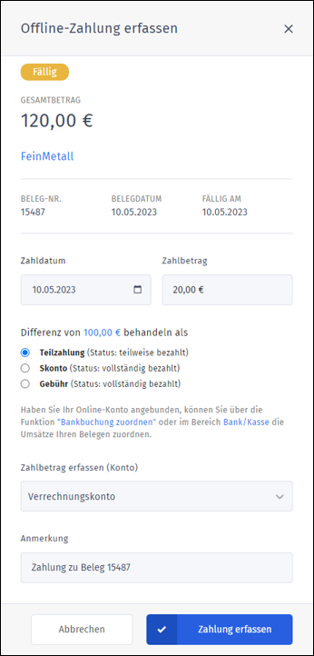 Gezeigt wird, wie ein gutgeschriebener Betrag zu einer Eingangsrechnung erfasst werden kann