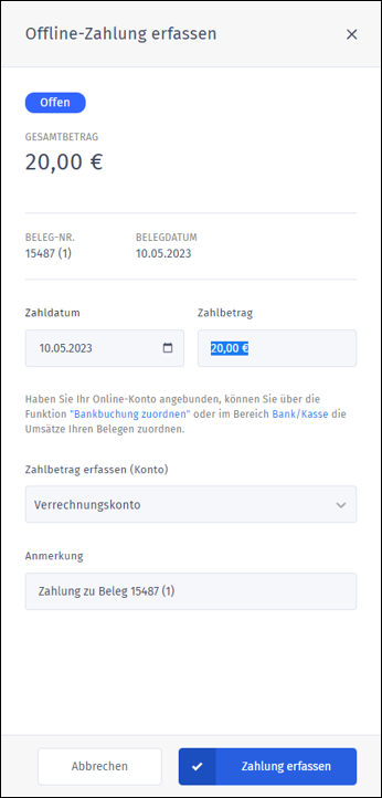 Gezeigt wird, wie ein gutgeschriebener Betrag als Offline-Zahlung über das Verrechnungskonto verbucht werden kann.