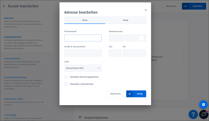 Gezeigt wird die Eingabemaske neuer Adressen in einem Kundendatensatz