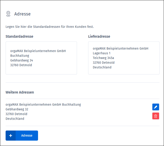 Gezeigt wird, wie die verschiedenen Adressen im Kunden angezeigt werden