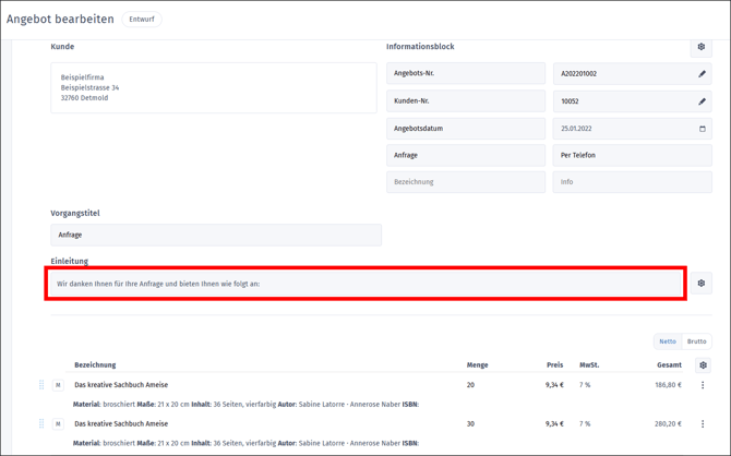 Texte im Vorgang bearbeiten - Einleitungstext bearbeiten