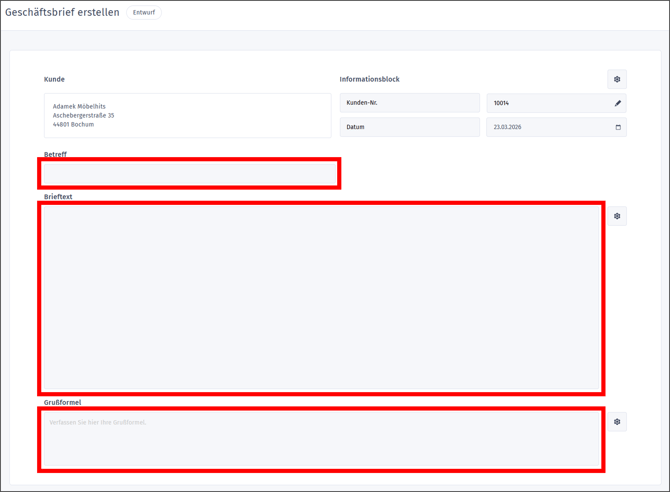 Gezeigt werden die Bearbeitungsbereiche für Texte in Geschäftsbriefen in orgaMAX