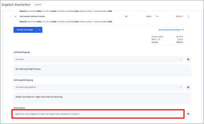 Gezeigt wird der Bereich "Schlusstext" in einem Vorgang