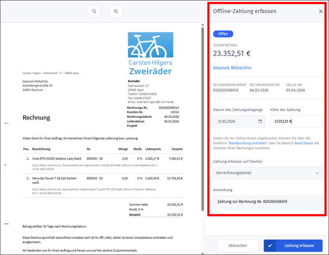 Zahlungen erfassen - Offline Zahlung erfassen