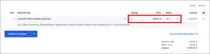 Vorgangspositionen bearbeiten - Beträge und MwSt