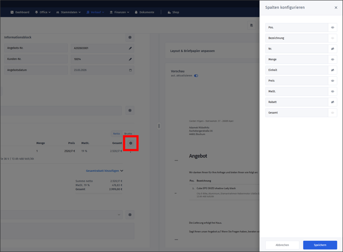 Vorgangspositionen bearbeiten - Spalten ein- und ausblenden