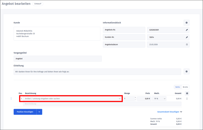 Gezeigt wird der Eingabebereich für Positionen in einem orgaMAX Vorgang