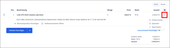 Gezeigt werden weitere Optionen in der Positionsbearbeitung eines Vorganges in orgaMAX