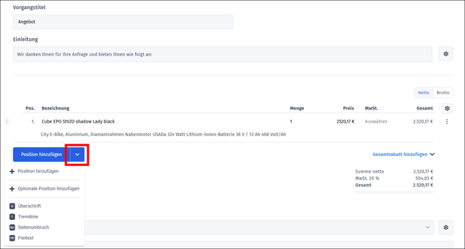 Gezeigt wird das Hinzufügen weiterer Positionen und Positionsarten