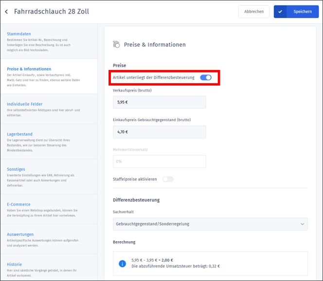 Gezeigt wird, wie in den Artikeldetails die Diffenrenzbesteuerung für einen Artikel aktiviert wird.