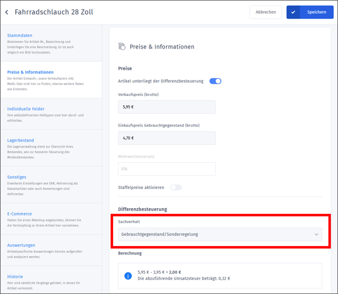 Gezeigt wird, wie der richtige Sachverhalt für einen differenzbesteuerten Artikel eingestellt wird.