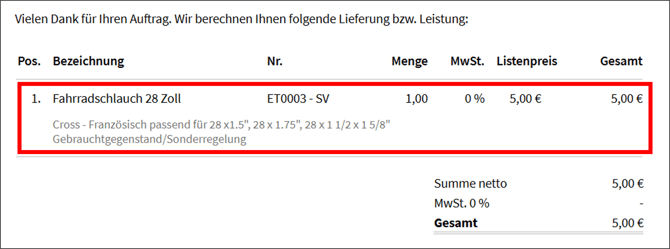 Gezeigt wird, wie ein differenzbesteuerter Artikel als Rechnungsposition aussieht.