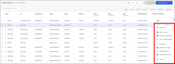 Rechnungen nachträglich bearbeiten - drei Punkte Menü