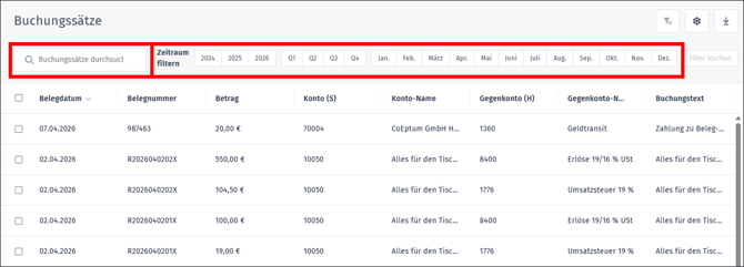Gezeigt wird, wie die Liste aller Buchungen in orgaMAX durchsucht oder gefiltert werden kann
