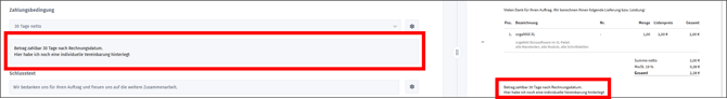 Gezeigt wird ein individueller Zusatz in einer Zahlungsbedingung im Bearbeitugnsfeld und in der Vorschau