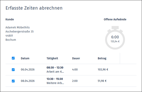 Gezeigt wird, wie erfasste Zeiten zu einem Kunden zur Abrechnung ausgewählt werden können