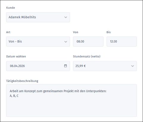 Gezeigt wird, wie ein neuer Zeiteintrag aussehen kann