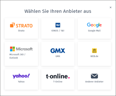 Gezeigt wird, welche Anbieter für den externen E-Mail-Versand gewählt werden können.