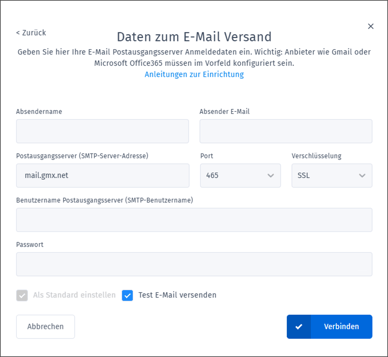 Gezeigt wird, welche Daten eingegeben werden müssen, damit der externe Mailversand funktioniert